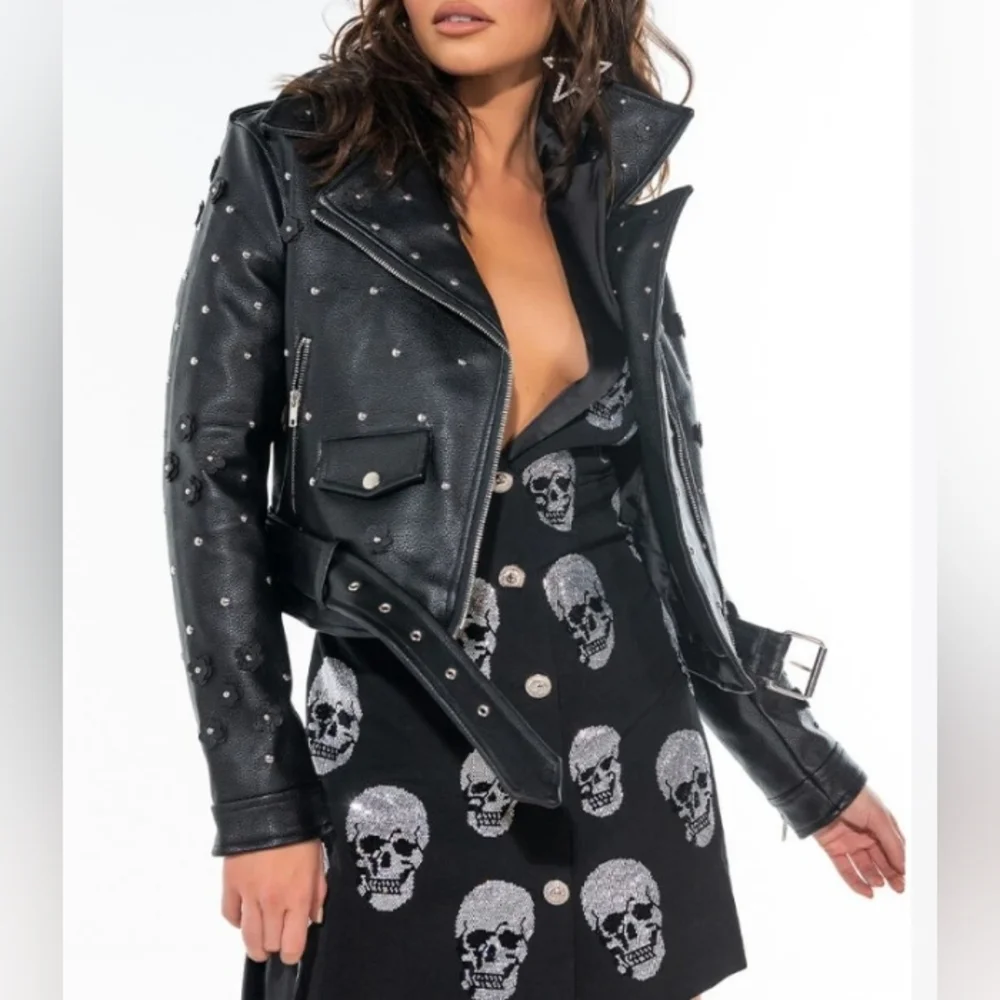 NWOT AZALEA WANG ANWAR BLACK FLOWER MOTO STUDDED JACKET SIZE S - Picture 2 of 16